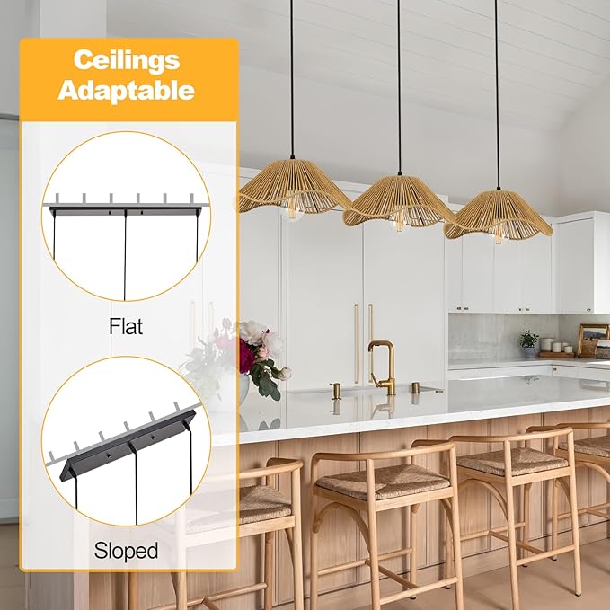Bobo 3 Light Pendant Light, Hard Wired Hanging Chandelier with 12” Flower Paper Rope Rattern Shade,Suspended Lighting Fixture for for Kitchen Island Dining Bedroom Living Room Restaurants