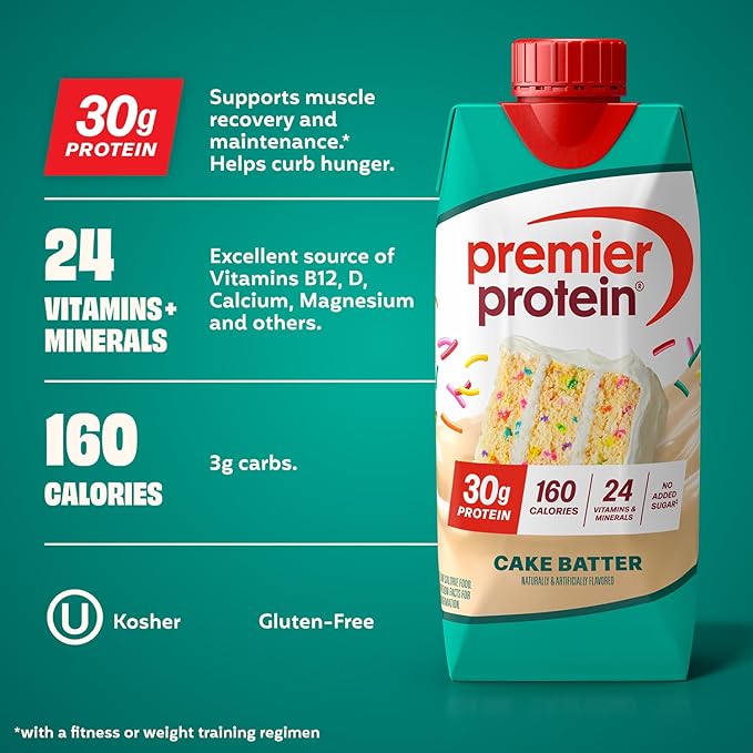 Premier Protein Shake, Cake Batter, 30g Protein, No Added Sugar, 24 Vitamins & Minerals to Support Immune Health, 11 fl oz, 4 Pack