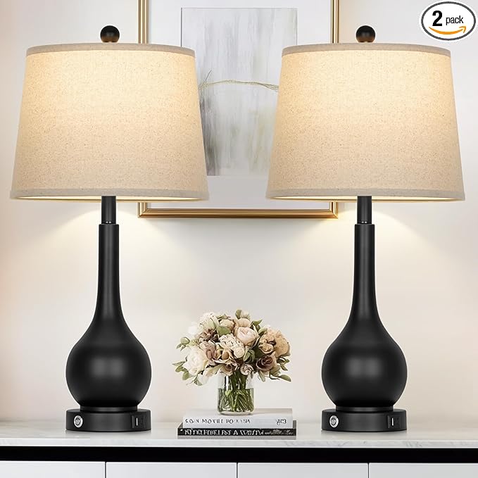 Rinweey 26" Black Table Lamps Set of 2, Touch Control Lamps for Living Room, 3-Way Dimmable Bedroom Bedside Lamps for Nightstands with USB A+C Port (2 LED Bulbs Included)