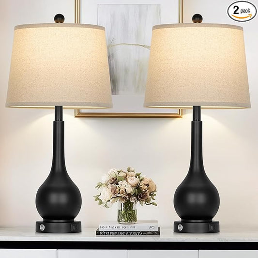 Rinweey 26" Black Table Lamps Set of 2, Touch Control Lamps for Living Room, 3-Way Dimmable Bedroom Bedside Lamps for Nightstands with USB A+C Port (2 LED Bulbs Included)