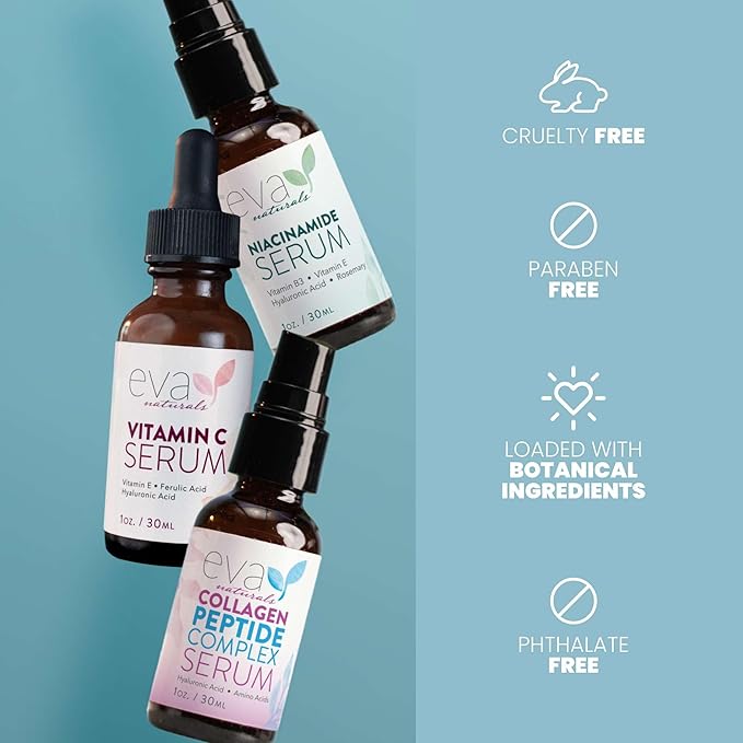 Eva Naturals ファーム＆グロー美容液バンドル – ビタミンC、ペプチド、ナイアシンアミド美容液 – シワ、輝き、毛穴、保湿のためのエイジングケアフェイス美容液セット – コラーゲンブースティングスキンケアルーチン
