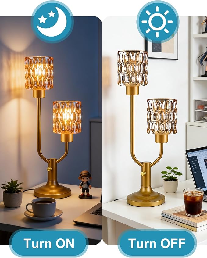 Lightdot Mid Century Modern Table Lamp for Living Room Dimmable Nightstand Lamp Amber Glass Vintage Gold Desk Lamp 2 Bulbs Included Warmwhite Ambient Bedside Lamps for Bedroom Home Office Decor Gift