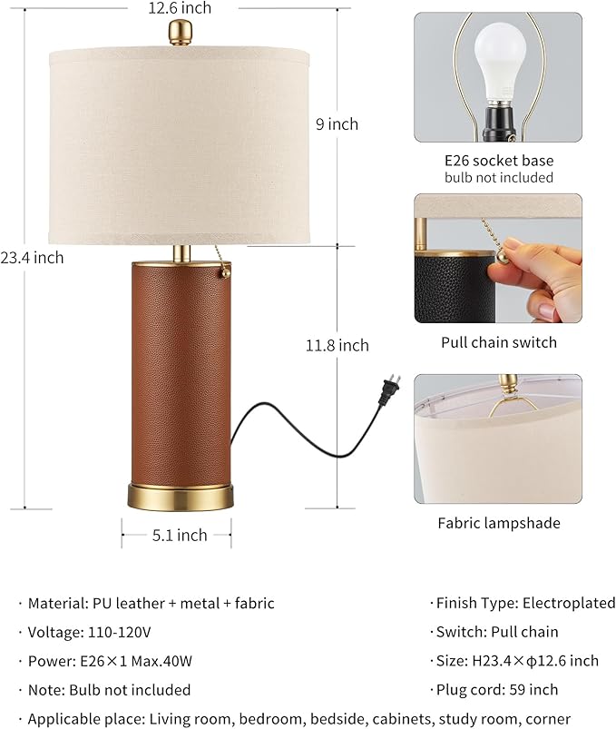 KDG 23.4" Brown PU Leather Table Lamps for Living Room Set of 2, E26 Socket LED Modern Home Decor Fabric Lampshade Desk Lamp Lighitng for Bedroom, Bedside, Farmhouse, Nightstand, Night Light