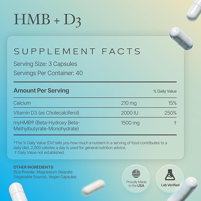 Complément HMB et Vitamine D3, formule brevetée 1 500 mg avec dose clinique, préserve la masse musculaire maigre pour des performances intemporelles, gélules de Bêta-hydroxy Bêta-méthylbutyrate, 120 unités