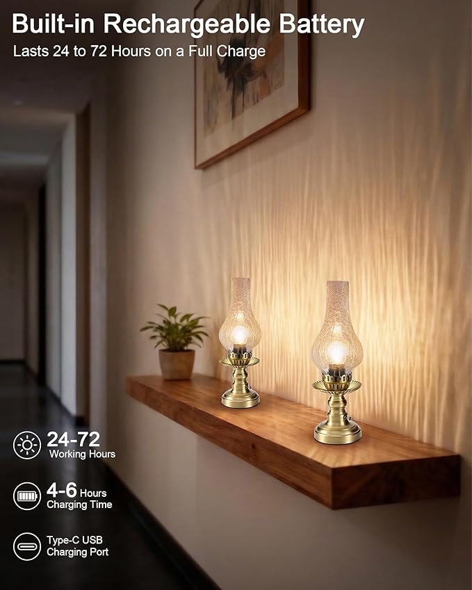 UMEXUS Vintage Rechargeable Cordless Table Lamp with Dimmer & Touch Control, Small Battery Powered Lights, Hand-Blown Glass Retro Farmhouse Lamp for Bedroom, Living Room, Dining Table, Kitchen (Clear)