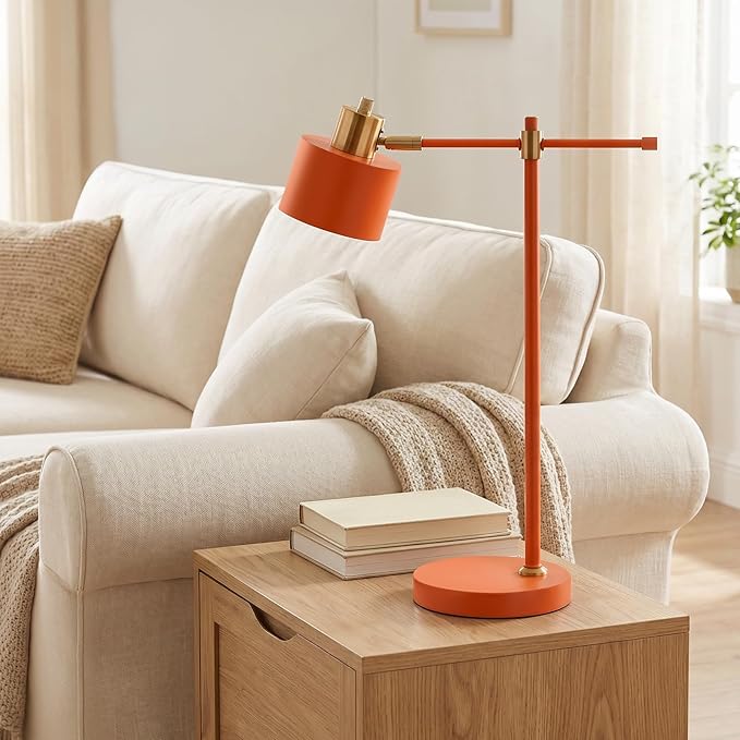 OYEARS 22.2" Modern Desk Lamp, Metal Table Lamp with LED Bulb, Adjustable Reading Lamps for Living Room, Mid Century Task Lamp for Home Office, Industrial Bedside Lamps with Solid Base, Orange