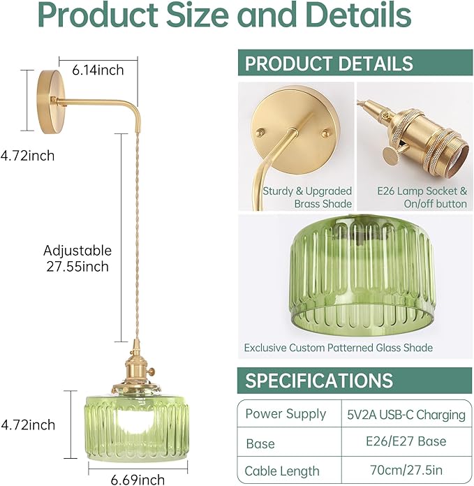 Shenmoyl Battery Operated Wall Sconce with Green Striped Shade Pattern Glass Adjustable Chain Retro Gold Wall Mounted Light, Modern Wall Lamp Fixtures Decor for Bedside Bedroom Indoor Doorway