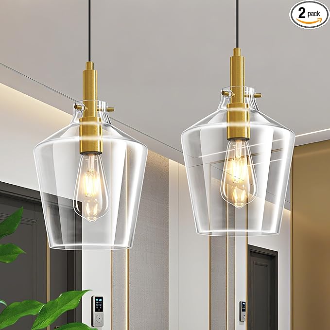 Modern Glass Pendant Lighting for Kitchen Island 2 Pack, Farmhouse Gold Pendant Light Fixtures, Adjustable Hanging Ceiling Light, Angled Clear Glass Shades 8 Inch