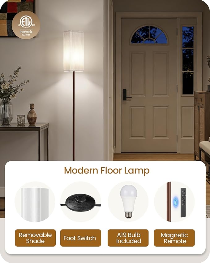 64.2'' Dimmable Floor Lamp for Living Room with Remote and Foot Switch, Corner Floor Lamp for Bedroom, Includes 10W A19 Bulb, Modern Standing Tall Lamp, ETL Listed, Brown and White VCW17LD05