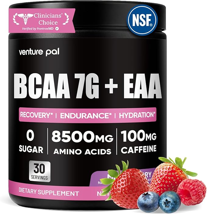 Sugar Free 7g BCAA + EAA Powder | Supports Muscle Recovery, Growth, Strength & Endurance – 11 Essential Amino Acids with L-Glutamine, Caffeine, Vitamin & Electrolyte for Energy & Hydration