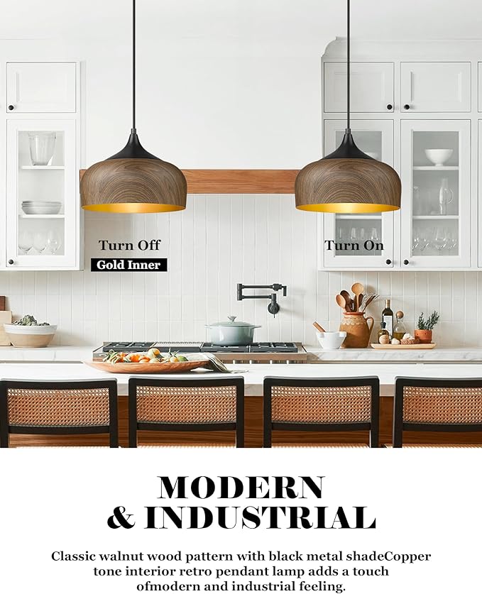 ELYONA Modern Pendant Light Walnut Wooden Pattern Dome Pendant Light Fixture Matte Black Metal Gold Inner Finish Adjustable Hanging Lighting for Kitchen Island Dining Room Office Hallway Foyer Bedroom