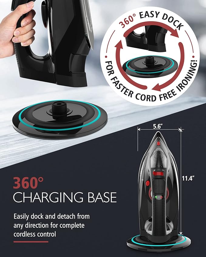 OMAIGA Cordless Iron for Clothes, 1500W Fast-Heating Steam Iron with Non-Stick Ceramic Soleplate,Burst of Steam for Clothes, Auto Shut Off, Self-Clean,3 Temperature Settings, 11.84oz Water Tank, Black