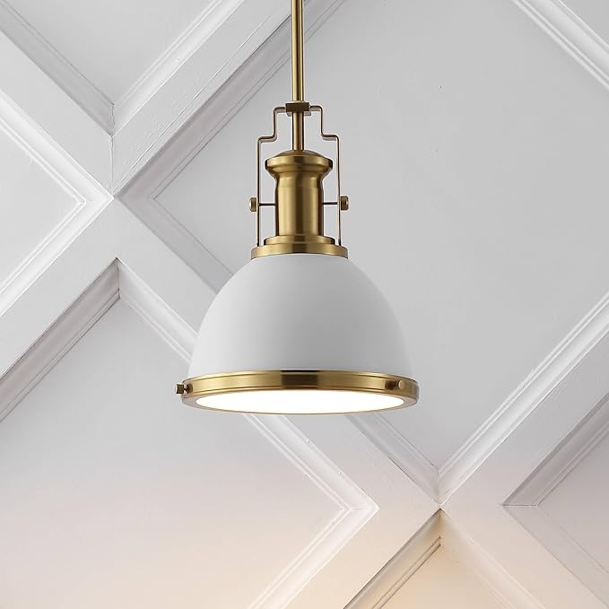JONATHAN Y 10" Brass Gold/White Modern Industrial Iron LED Dome Pendant Light, Adjustable Hanging Fixture for Kitchen Island or Entryway, White Metal Shade, LED Bulb Included (JYL9535D)