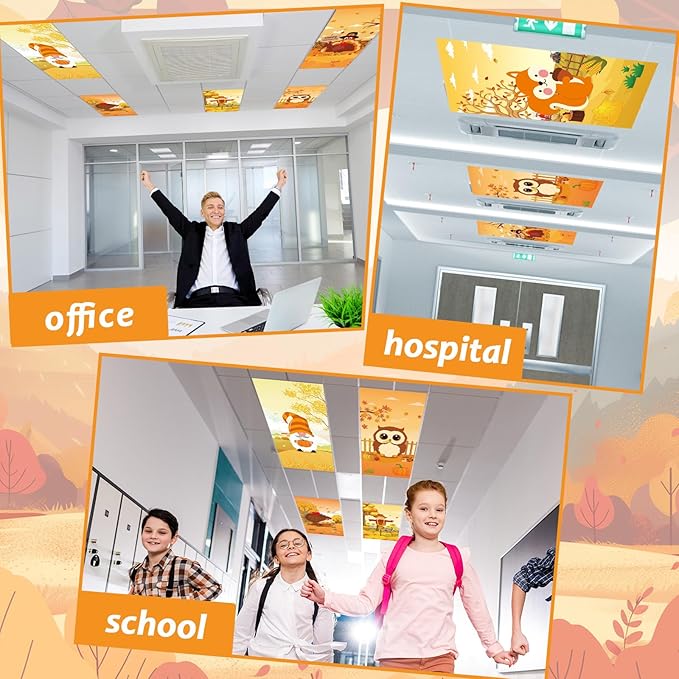 8 Pcs Fluorescent Light Covers with 80 Magnets Fall Animal Decorative for Classroom Ceiling Light 4 x 2 Feet Magnetic Lights Covers Filter for Office Hospitals Home Autumn Classroom Decor(Fall Animal)