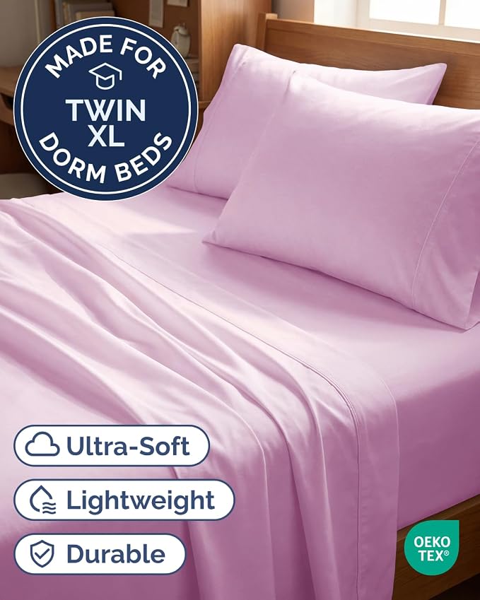 Twin XL 4 Piece Sheet Set - Comfy Breathable & Cooling - Ultra Soft Hotel Luxury Bedding Set w/ 8-16 Inch Deep Pockets - 1 Flat & 1 Fitted Sheet & 2 Pillowcases - Wrinkle Free & Easy Care - Light Pink