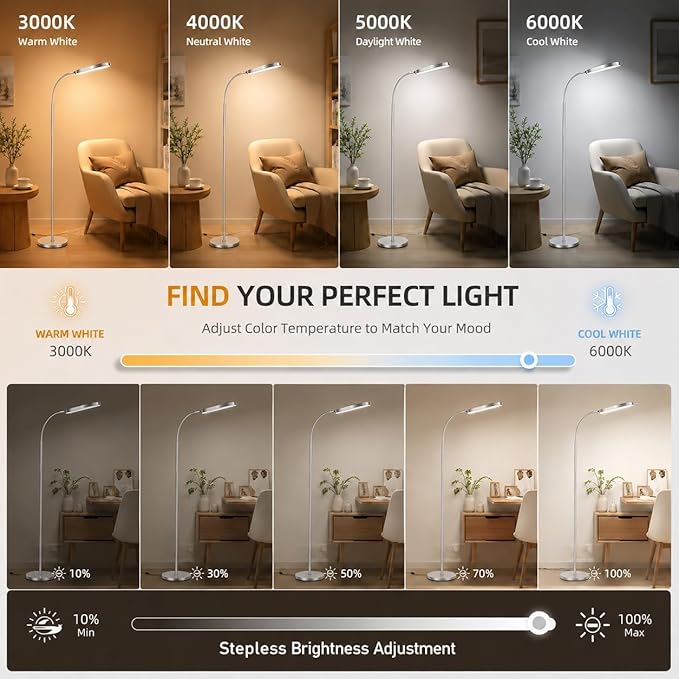 Wio-Mio 15w/1000lm Bright LED Floor Lamp with Stepless Adjustable 3000K-6000K Colors and Dimmer, Remote and Touch Control Reading Lamp, Adjustable Gooseneck Floor Lamp for Living Room