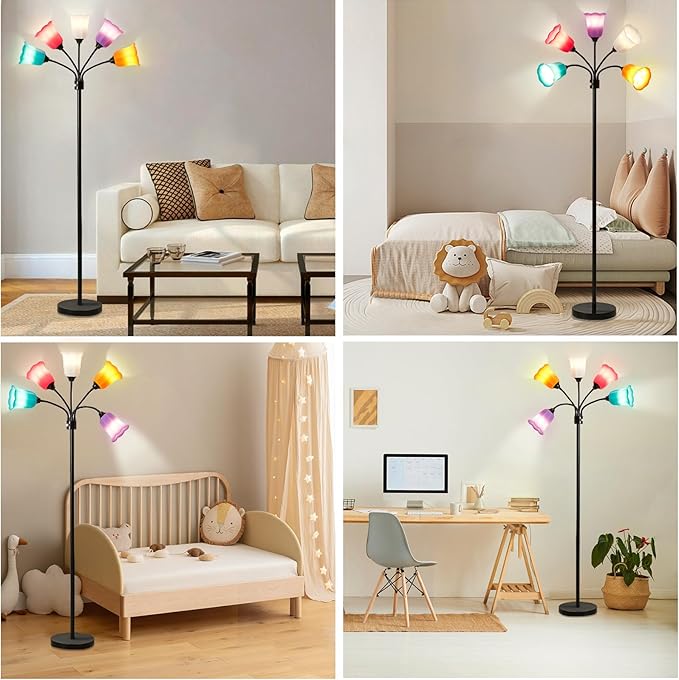 GyroVu Medusa LED Floor Lamp, Multi Head Modern Tall Lamp with Adjustable Gooseneck Standing Lamps Led Tall Lamp for Living Room Bedroom Kids Room Office 6 Color Lampshades Bulb Not Included Black