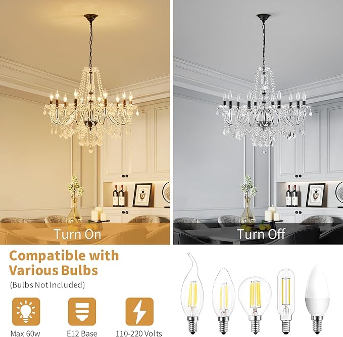 Large Crystal Chandelier, Modern Black Crystal Chandeliers for Dining Room Light Fixture, 10-Lights Large Black Pendant Light Fixtures Luxury Chandelier for Living Room Bedroom Foyer Entryway D26.8''