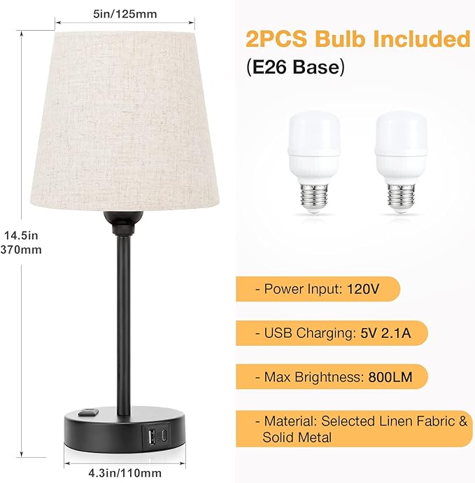 Mini Bedside Lamps for Bedrooms Set of 2 - Nightstand Bedroom Lamps with USB C Port and AC Outlet Charging, Dimmable Touch Small Bed Side Table Lamp, Black Night Stand Light for Kids/Guest Room