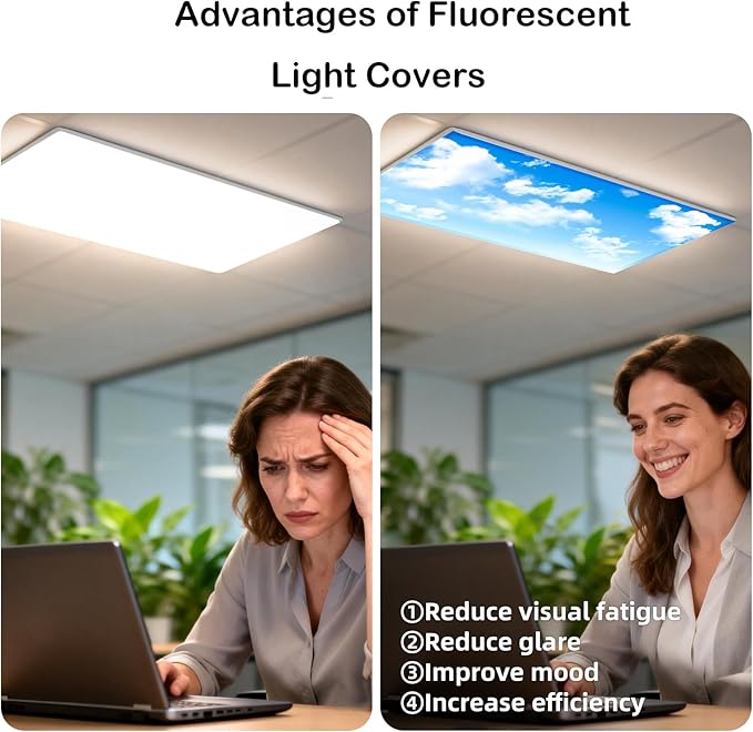 ANGSYLTH 8 Pcs Fluorescent Light Covers - 4 x 2 Feet Covers for Ceiling Lights, 8 x 10 Magnetic Light Filters for Classroom, Office, Hospitals (Blue Skies & White Clouds)