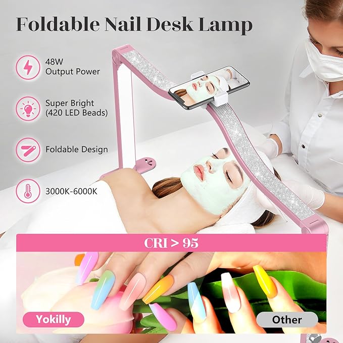Yokilly Arc Half Moon Light: 34" Shadow-Free Half Moon Light for Desk Salon - Foldable LED Desk Lamp with Stepless Brightness for Manicurist (Rose Pink)
