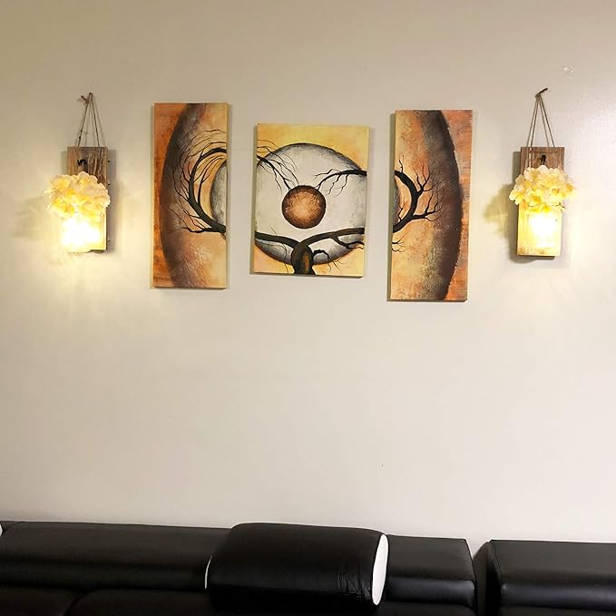 Rustic Mason Jar Sconces Wall Decor - Set of 2 Hanging Wooden Wall Art with LED String Lights & Remote Timer - Vintage Farmhouse Decoration for Living Room or Bedroom, Rustic Brown