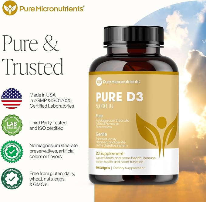 Pure Micronutrients Pure D3 – ビタミンD3 5000 IU、天然ビタミンDサプリメント（コレカルシフェロール） - 免疫サポート、健康な筋肉機能＆骨の健康 - 90ミニソフトジェル