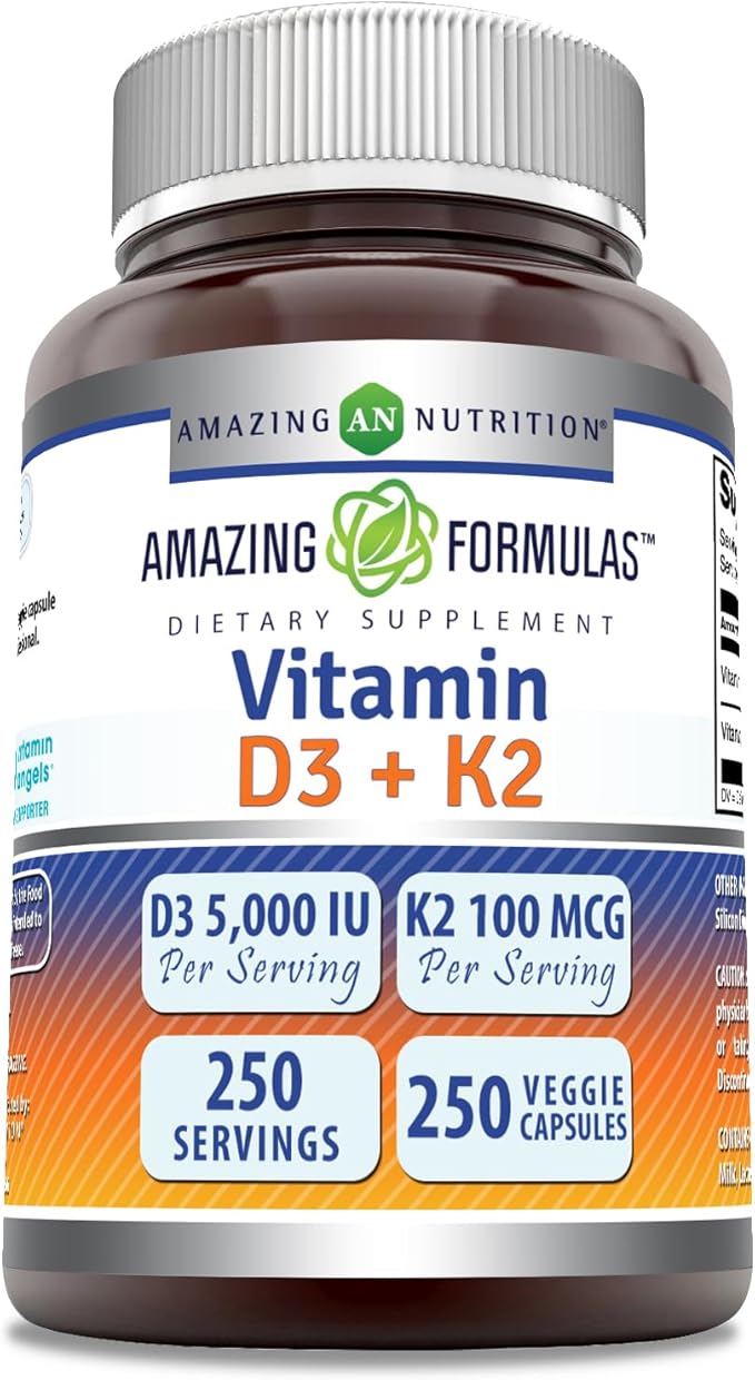 Amazing Formulas ビタミンD3 5000 IU ビタミンK2 100 mcg配合 | 250植物性カプセル | D3 + K2複合体 | 非遺伝子組み換え | グルテンフリー | アメリカ製