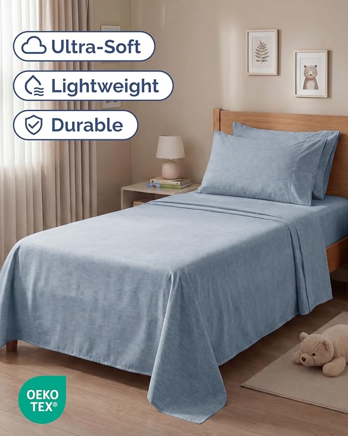 Twin 4 Piece Sheet Set - Comfy Breathable & Cooling - Soft Hotel Luxury Bedding Set with 8-16 Inch Deep Pockets - 1 Flat & 1 Fitted Sheet & 2 Pillowcases - Wrinkle Free & Easy Care - Heathered Blue