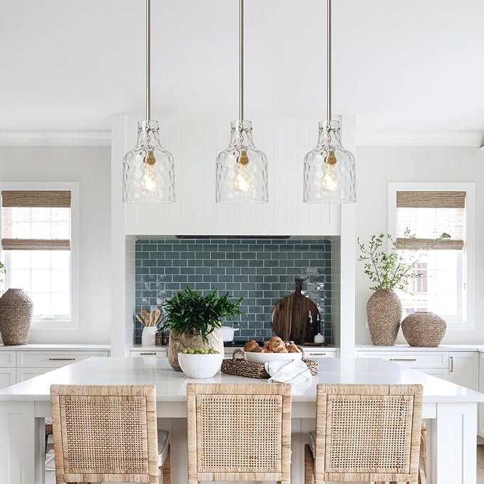 WILON Modern Glass Pendant Lighting for Kitchen Island, Farmhouse Pendant Lights for Dining Room Kitchen Sink, Adjustable Hanging Ceiling Light 7" Hammered Glass Shade, Brushed Nickel Metal Finish