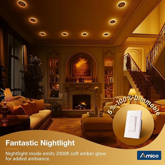 Amico 24 Pack Black Trim 4 Inch 5CCT LED Recessed Ceiling Light with Night Light, 2700K-5000K Selectable Ultra-Thin Recessed Lighting, 10W=90W, 700LM, Dimmable Canless Wafer Downlight ETL&FCC