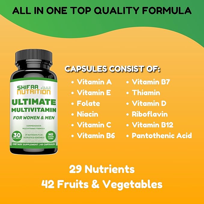 SHIFAA NUTRITION Halal Multivitamins for Women, Men & Adults, 30 Servings | Iron, Vitamin A, B6, B12, Biotin, Niacin, C, D3, E, Zinc, Calcium, Folic Acid, CoQ10 | Halal Vitamins