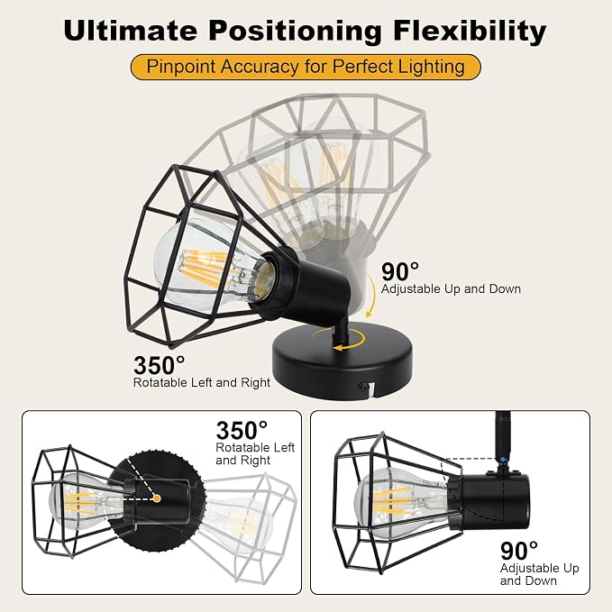 HiBay LED Track Lighting Fixture, 1-Light Adjustable Spot Light Ceiling Wall Mount, Black Geometric Metal Cage Industrial Spotlight Indoor for Kitchen, Dining, Bedroom, E26 Base (Bulb Not Included)