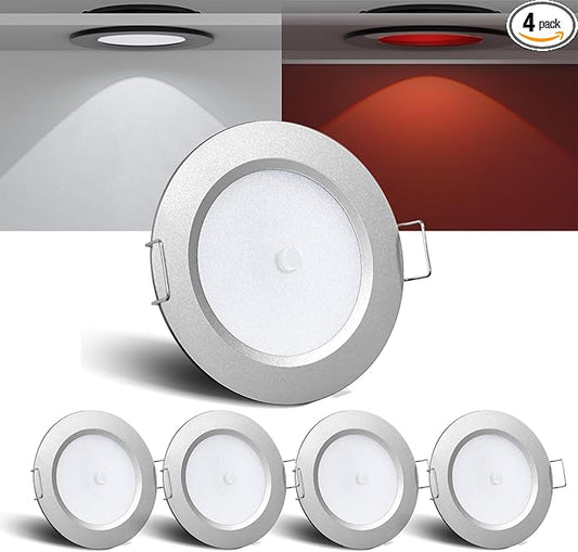 3" LED 12V Push Lights Built-in Switch Interior Bi-Color 12 Volt Red LED Puck Light Full Aluminum RV Dimmable Flush Mount Light for Camper, Boat, Trailer 4Pcs (Silver, Cool White)
