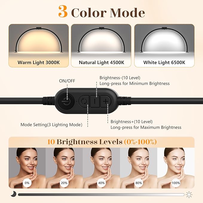 Half Moon Light for Nail Desk: 29" Foldable Half Moon Nail Desk Lamp with Phone Holder for Beginner - Arch Tech Light with 3 Color Modes & 10 Brightness for Manicure Salon (Black Diamond, Large)