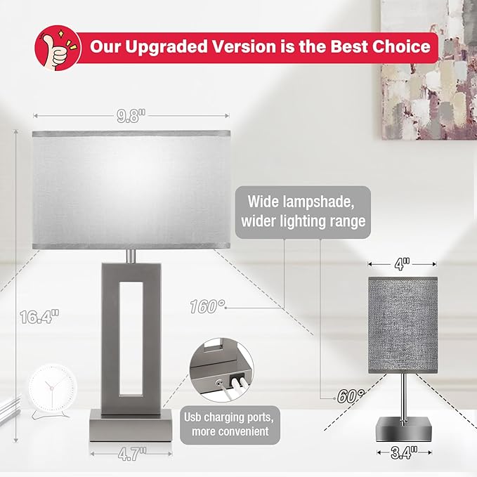 Seealle Bedroom Table Lamps Set of 2 - Grey Touch Bedside Lamps with USB C+A, 3 Way Dimmable Gold Lamp for Nightstand, Modern Night Stands Lamps for Living Room End Tables