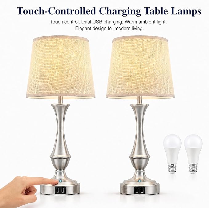 Seealle Upgraded Touch Lamps for Night Stands Set of 2 - Bedside Lamps with USB C+A, 3 Way Dimmable for Bedroom Living Room End Tables Office (Weaving White&Silver)