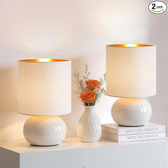 Hamucd Ceramic Table Lamps Set of 2, Modern Classic Bedside Lamps for Nightstand, Small Table Lamp for Bedroom Living Room Desk End Table (White)