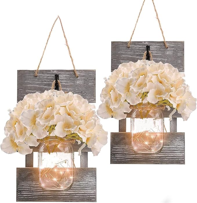 Anount Mason Jar Sconces,Besuerte Rustic Wall Decor Set of Two,LED String Lights for Modern Living Room, Home Decor Living Room Wall Art, 6 Hour Timer Set of 2 Grey (11.8" H x 7.1" W)