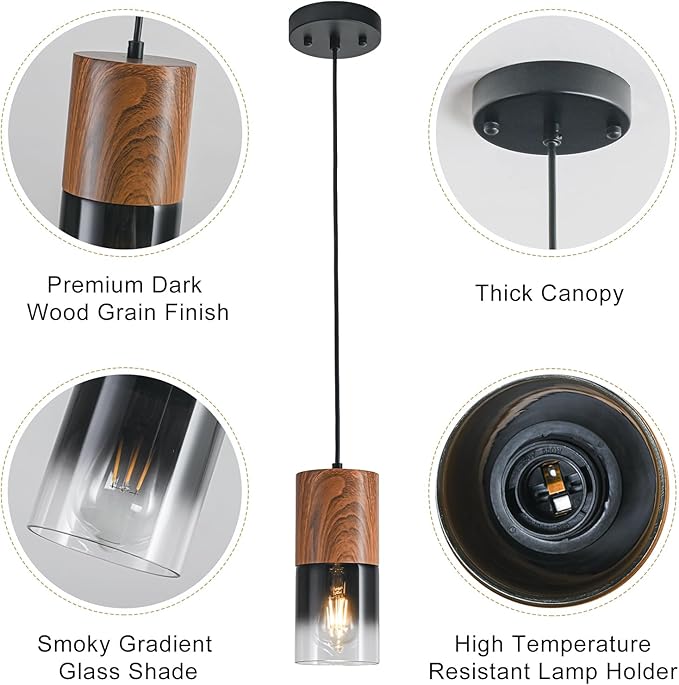 3-Pack Modern Pendant Lights for Kitchen Island, Adjustable Black Pendant Light Fixtures with Brown Wood Grain, Industrial Glass Pendant Lights for Dining Table Hallway Bedroom Living Room