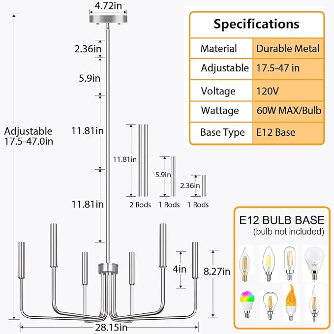 6-Light Farmhouse Chandelier for Dining Room Lighting Fixtures Hanging, Brushed Nickel Dining Light Fixtures Industrial Chandelier for Bedroom, Foyer, Hall, Kitchen, Living Room and Entryway