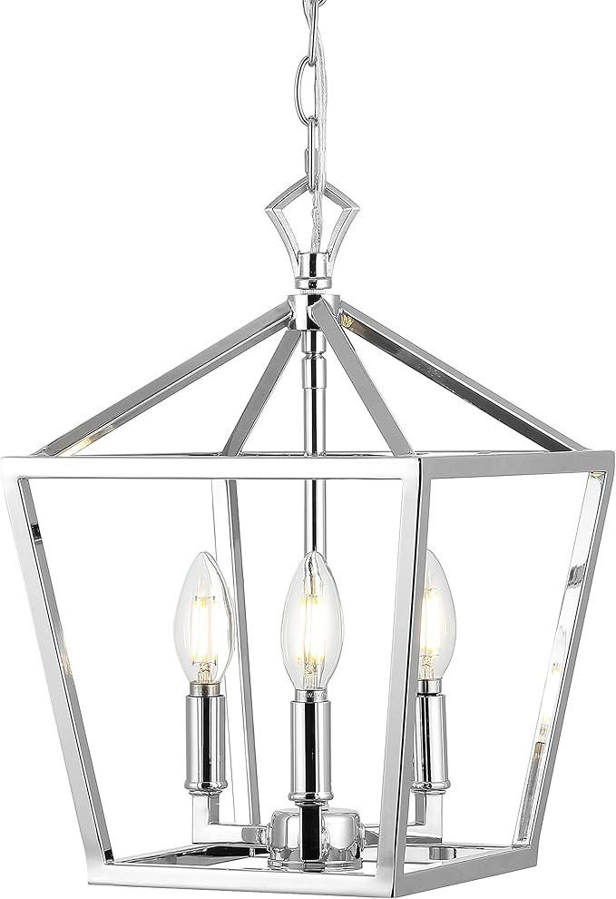 JONATHAN Y 10" Chrome 3-Light Pagoda LED Pendant Lantern, Classic Modern Farmhouse Chandelier for Kitchen Island, Dining Room, Entry, Foyer, Rustic Iron Frame (JYL7601C)