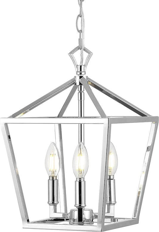 JONATHAN Y 10" Chrome 3-Light Pagoda LED Pendant Lantern, Classic Modern Farmhouse Chandelier for Kitchen Island, Dining Room, Entry, Foyer, Rustic Iron Frame (JYL7601C)