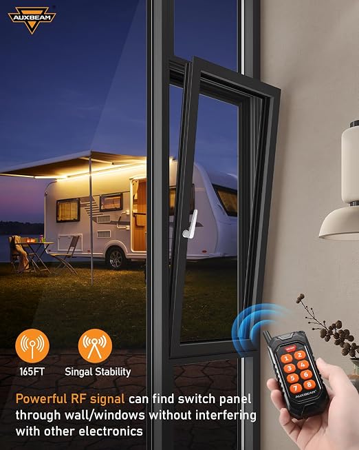 Auxbeam 8 Gang Switch Panel RC-800 RGB Wireless Remote Control Range Up to 165FT Multifunction Switch Pod 3 lighting modes with Backlit Off and Auto Dimmable for RV Offroad Waterproof 3 Years Warranty