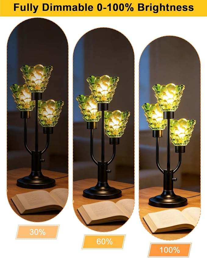 Glass Vintage Table Lamp Dimmable Nightstand Lamp Mid Century Modern Black Desk Lamp with Green Glass 3 Bulbs Included Warmwhite Ambient Bedside Lamps for Bedroom Living Room Office Home Decor