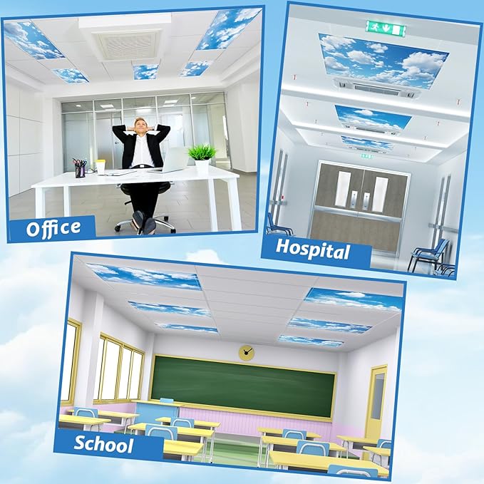 12 Pcs Fluorescent Light Covers with 120 Magnets Decorative for Classroom Ceiling Light 4 x 2 Feet Magnetic Light Covers Filter Easy Install for Office Hospitals Home Supplies(Blue Sky White Clouds)