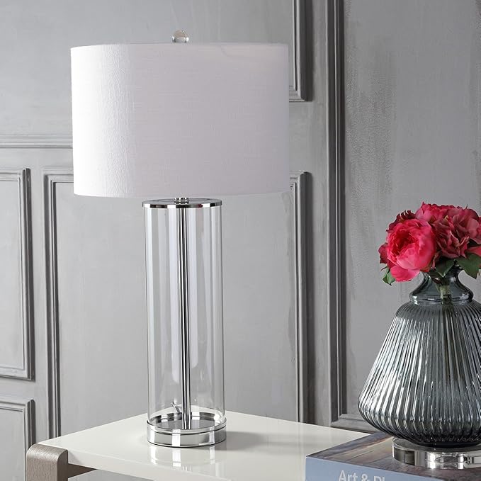 JONATHAN Y 29" Clear/Chrome Modern Glass Table Lamp for Living Room Bedroom, Minimalist Nightstand Bedside Lamp, White Linen Drum Shade, LED Bulb Included JYL2004A