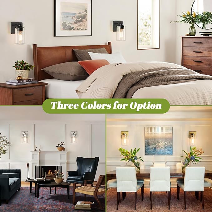 Set of 2 Wall Sconces for Bathroom, Brushed Nickel Vanity Light Fixtures, Modern Wall Mount Lighting Lanterns, Farmhouse Wall Lamps with Clear Glass Shade for Bedroom Living Room Mirror Hallway Porch