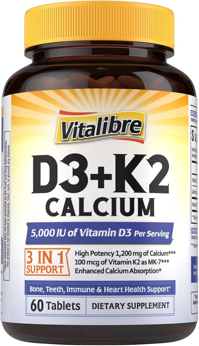 Complément D3 K2 Calcium pour Femmes et Hommes, Vitamine D3 5000 UI, Calcium 1200 mg, MK-7, Haute Absorption, pour des os, des dents, un cœur et un système immunitaire solides, 60 Comprimés
