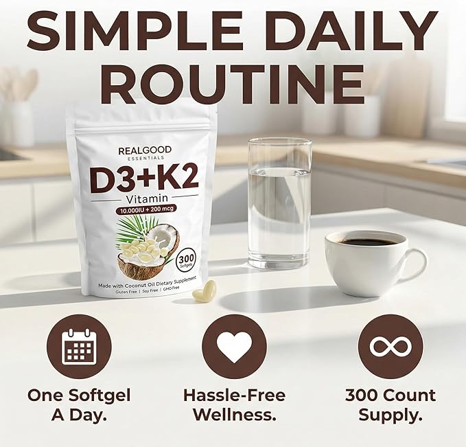 Real Good Essentials Vitamin D3 K2, D3 K2 Vitamin 10000 Iu, Extra Strength 2-In-1 D&K Complex with Virgin Coconut Oil, Free Of Gmo, Gluten, Soy, Bone Health, Supports Calcium Absorption, 300 Softgels